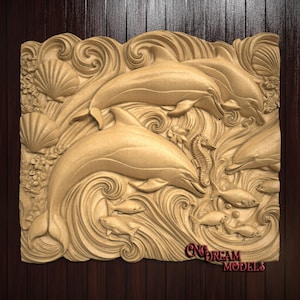 Arte de pared de delfines, archivo de tallado de enrutador CNC con relieve 3D / archivo de relieve STL para CNC / VCarve / Aspire / Easel Pro / Carbide Create Pro