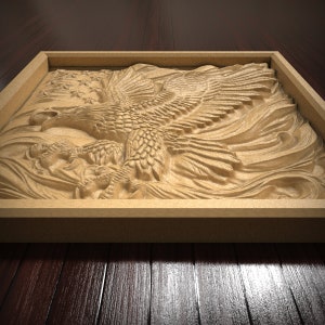 May include: A wooden plaque with a carved image of an eagle with its wings spread wide. The eagle is surrounded by a carved design that resembles clouds or waves.