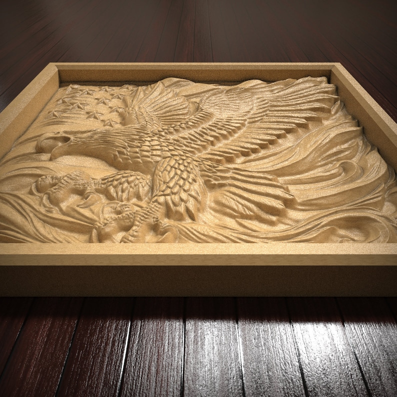May include: A wooden plaque with a carved image of an eagle with its wings spread wide. The eagle is surrounded by a carved design that resembles clouds or waves.