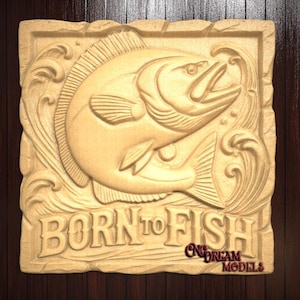 Born to Fish 3D Relief STL File for CNC Router Carving or 3D Resin Printing, Fishing Wall Art, Bass Fish STL Model, cnc Engraving File