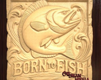 Plik STL z reliefem 3D Born to Fish do rzeźbienia na frezarce CNC lub drukowania żywicą 3D, sztuka ścienna z motywem wędkarskim, model ryby basowej STL, plik do grawerowania CNC