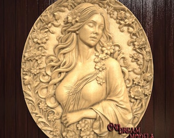 Romantic Woman 3D Relief STL File for CNC Router Carving or 3D Resin Printing, Floral Goddess Wall Art, Elegant Lady stl Engraving
