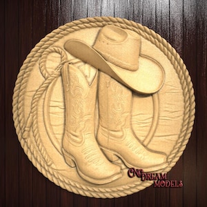 May include: A wooden carving of a cowboy hat, boots, and a lasso. The carving is in a circular shape and has a rope border.
