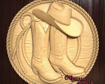 Cowboy Boots Hat and Rope 3D Relief STL File for CNC Router Carving or 3D Resin Printing Western Wall Art