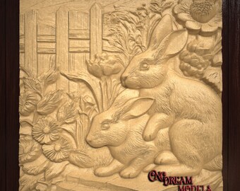 May include: A wooden carving of two rabbits in a garden setting. The rabbits are carved in a realistic style and are shown in a playful pose. The garden is filled with flowers and foliage, and there is a fence in the background.