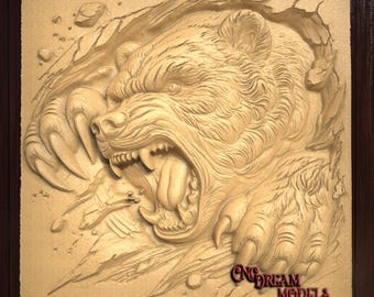 Ferocious Bear 3D STL Relief File for CNC Router Carving or 3D Resin Printing | Wild Animal Wall Art | CNC Router file