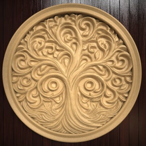 May include: A circular wooden wall decoration featuring a carved tree of life design. The tree is intricately detailed with swirling branches and leaves.