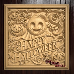 May include: A carved wooden plaque with a happy ghost, pumpkins, and bats. The plaque reads "Happy Halloween".