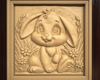 May include: A carved wooden plaque with a detailed image of a brown bunny rabbit with big eyes and a happy expression. The bunny is surrounded by carved flowers and leaves.