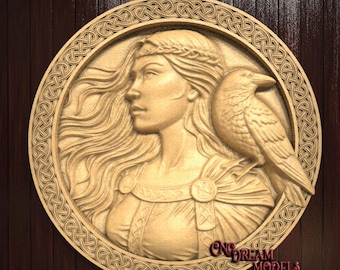 Celtycka kobieta nordycka z krukiem 3D Relief STL plik do rzeźbienia frezarką CNC lub drukowania żywicą 3D – sztuka mitologii wikingów