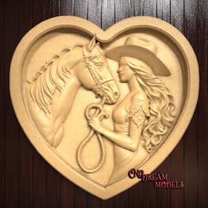 Fichier STL en relief 3D de cow-girl et de cheval pour la sculpture sur toupie CNC ou l'impression 3D en résine, art mural coeur western, gravure CNC équestre