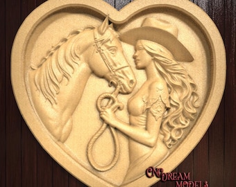 Cowgirl and Horse 3D Relief STL File for CNC Router Carving or 3D Resin Printing, Western Heart Wall Art, Equestrian CNC Engraving