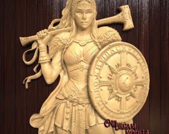 Valkyrie Warrior Woman 3D Relief STL File for CNC Router Carving or 3D Resin Printing – Axe and Shield Norse Design, Shield Maiden