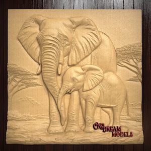 May include: A carved wooden sculpture of an elephant and her calf. The sculpture is painted in a light brown color and has a textured surface. The elephant and calf are standing side-by-side, with the calf looking up at the mother. The sculpture is set against a background of trees and bushes.