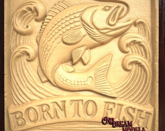 Born to Fish 3D Relief STL Datei für CNC Fräser Carving oder 3D Resin Druck, Striped Bass Fischen Wandkunst, CNC Fischgravur, stl Modell