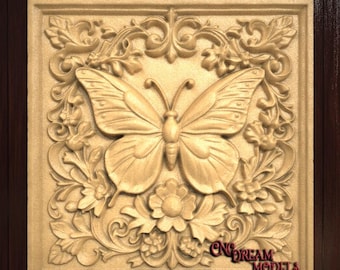 Elegante archivo STL en relieve 3D con volutas de mariposas y flores para tallado con fresadora CNC o impresión 3D con resina.