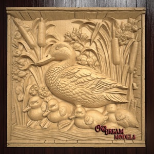 May include: A detailed wood carving of a duck with three ducklings. The duck is standing on a bed of reeds and flowers. The carving is in a light brown color and has a realistic style.