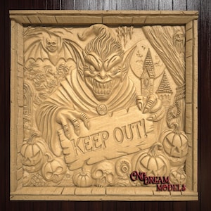 May include: A carved wooden wall plaque featuring a monstrous creature with fangs holding a sign that reads "Keep Out!" Surrounding the creature are carved pumpkins, skulls, and other Halloween-themed imagery.