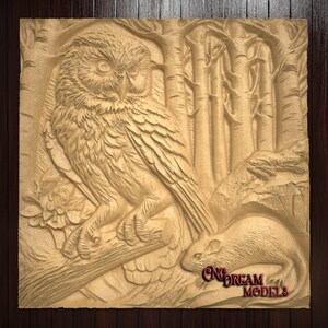 May include: A detailed wood carving of an owl perched on a branch with a mouse below. The owl is brown and has a large head with yellow eyes. The mouse is brown and has a long tail. The carving is set against a background of trees.