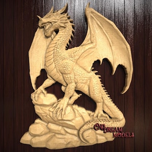 File STL in rilievo 3D di drago alato epico per intaglio con router CNC o stampa 3D in resina - Potente bestia fantasy su roccia