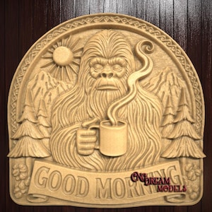 Archivo STL en relieve 3D de Bigfoot Good Morning para tallado con enrutador CNC o impresión en resina 3D, arte de pared con café Sasquatch, grabado en CNC de Cryptid divertido