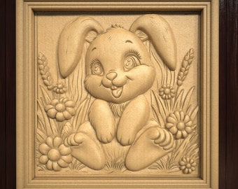 May include: A carved wooden plaque with a detailed relief of a smiling bunny rabbit sitting in a field of flowers. The bunny has large ears and big eyes.