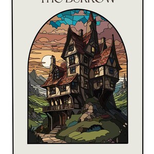 Może przedstawiać: Ilustracja szczegółowego, wielopiętrowego domu z czerwonym dachem, na tle zachodzącego słońca. Grafika, zatytułowana "THE BURROW", przedstawia kamienną ścieżkę prowadzącą do domu, z pasmem górskim w tle. Styl nawiązuje do witraży.