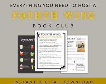 Fourth Wing Book Club Digital Bundle | Printable Stickers, Bookmarks, Drink Menu, Discussion Guide & Decor | Fantasy Book Party Kit