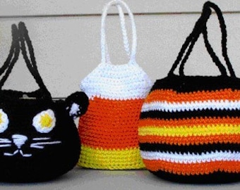 Crochet Pattern for 3 Halloween Bags, Cat, Candy Corn, Striped