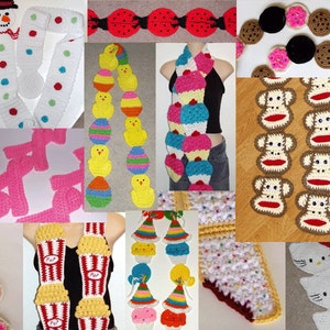 May include: A collage of various crocheted scarves featuring diverse motifs including snowmen, ladybugs, chicks, cupcakes, ice cream cones, popcorn buckets, hearts, sock monkeys, gingerbread men, pizza slices, and white cat faces with red bows.