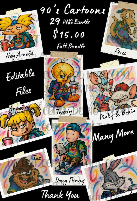 90s Cartoon PNG Bundle – 29 Retro Hip-Hop Style Files | Editable Designs | Instant Download