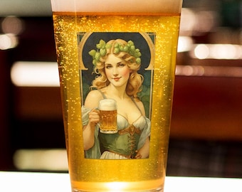 Bavarian Beer Girl Glass: Vintage Art Nouveau Barmaid, Oktoberfest Decor