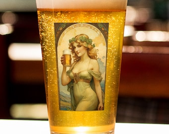 Art Nouveau Beer Pint Glass: Goddess of Hops Design
