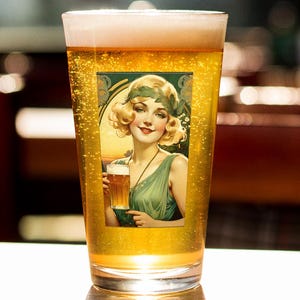Art Nouveau Beer Pint Glass: Beer Goddess Design, Barware Gift