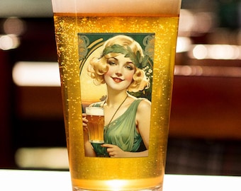 Art Nouveau Beer Pint Glass: Beer Goddess Design, Barware Gift