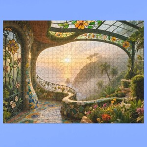 Pode incluir: Puzzle completo retratando uma cena de varanda com vista para uma paisagem nebulosa ao pôr do sol. A varanda apresenta uma parede de pedra, uma balaustrada curva e flores coloridas. O puzzle inclui vitrais e detalhes florais.