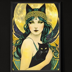 Poster: Art Nouveau Witchy Woman with Black Cat and Full Moon, Gothic Halloween Art,  Lunar Mystical Feminine Power, large wall art decor