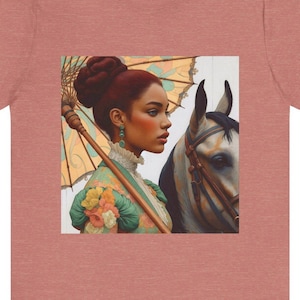 シャツ、日傘をさすクレオール女王、ルイジアナヘリテージTシャツ、ブラッククイーン、ベルエポック、異人種間のアメリカの歴史Tシャツ、馬好きTシャツ