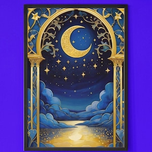 Art Nouveau Celestial Garden Gate Print: Moonlit Night Sky Wall Art