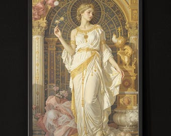 Può includere: Stampa artistica incorniciata di un dipinto classico raffigurante una donna in abito bianco e oro che tiene un fiore. L'opera presenta dettagli architettonici ornati e una morbida tavolozza di colori con accenti rosa e oro.