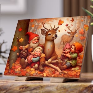 Autumn Deer and Gnome Family Ceramic Tile Art (8x6)