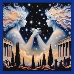 Plakat ze znakiem zodiaku Bliźnięta: Greckie boginie w stylu secesyjnym z tęczowymi włosami