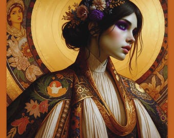 Goddess Demeter Poster, Art Nouveau Botanical Portrait, Golden Halo Wall Art