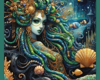 Mermaid Queen Art Nouveau Poster: Mystical Sea Goddess Print