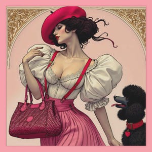 French Woman Art Print: Vintage Parisian Fashion, Poodle, Textured Matte