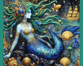 Mermaid Princess Art Nouveau Print: Sea Witch Tropical Wall Decor