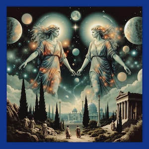 Plakat z boginiami zodiaku Bliźniąt: secesyjna sztuka ścienna z mitologii greckiej