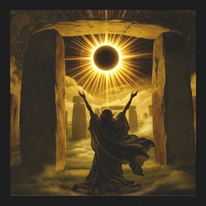 May include: An artistic depiction of a person with arms raised towards a solar eclipse. The person is standing in front of Stonehenge, with a dark cloak and long hair. The image is set against a golden sky.