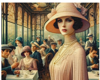 Art Nouveau Puzzle: Woman in Paris Cafe, Retro Jigsaw