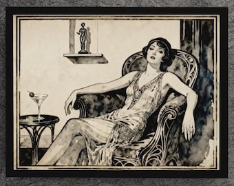 Poster: Gatsby-era flapper lounging in bold 1920s style